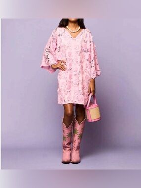 Marie by Victoria Dunn Pink Floral Lace Shift Dress Size L Like New